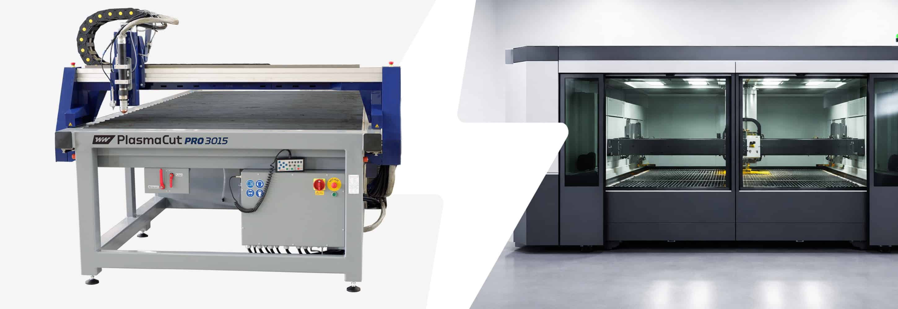 Plasmaschneidemaschine links und Laseranlage rechts